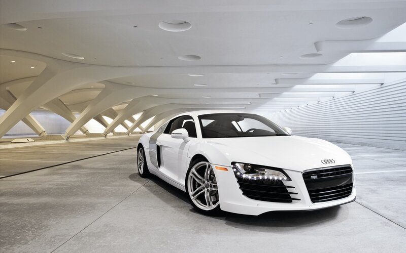 White Audi R8 in modern garage