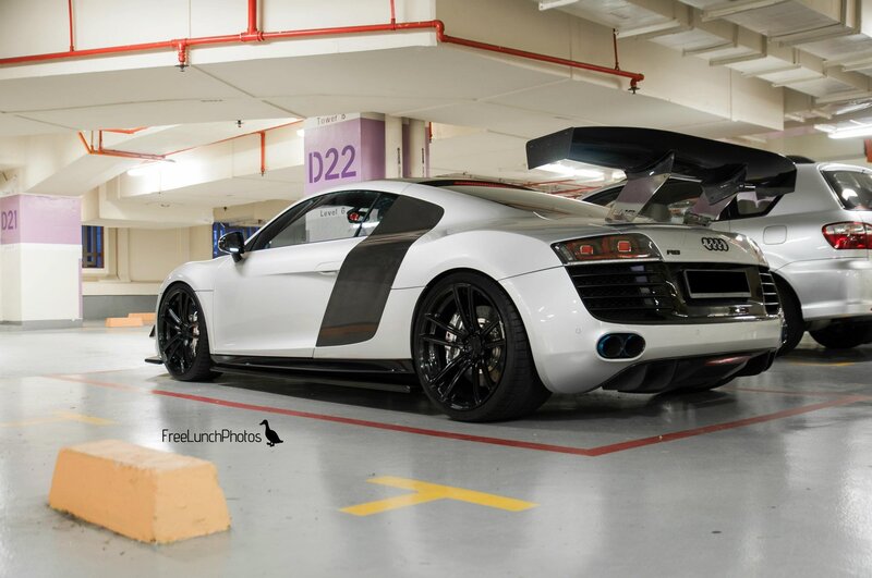 White Audi R8 in parking garage