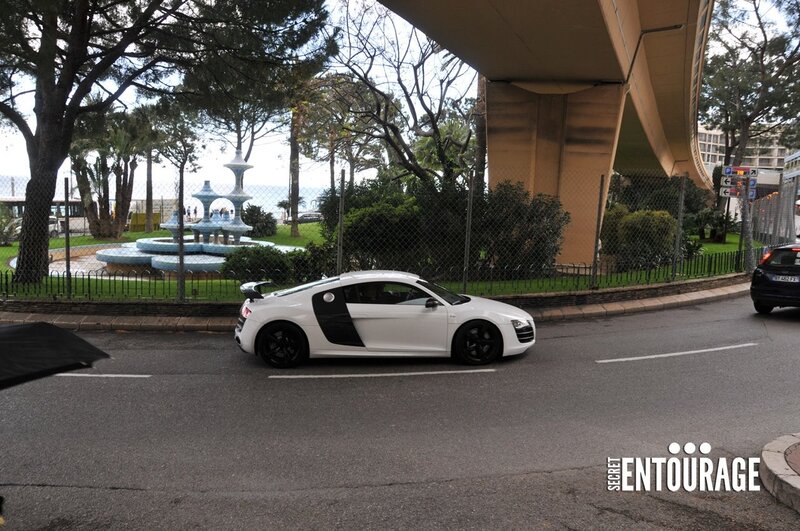 White Audi R8 on a city street