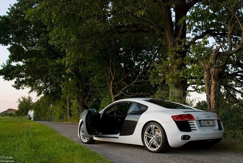 White Audi R8 on a country road