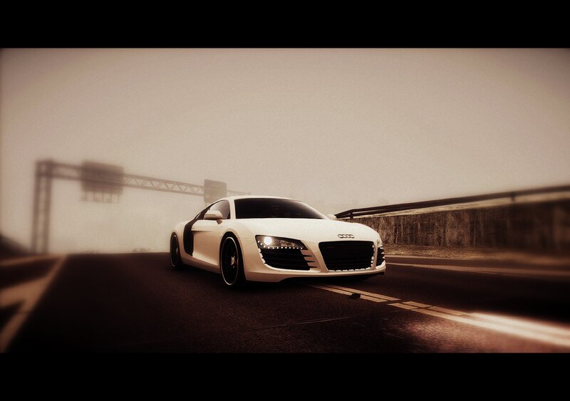 White Audi R8 on a foggy highway