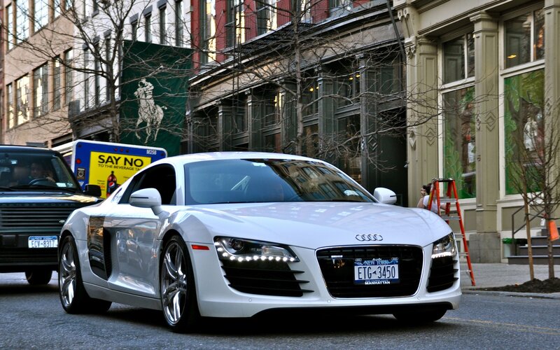 White Audi R8 on city street
