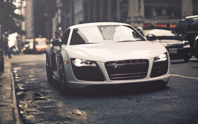 White Audi R8 on city street