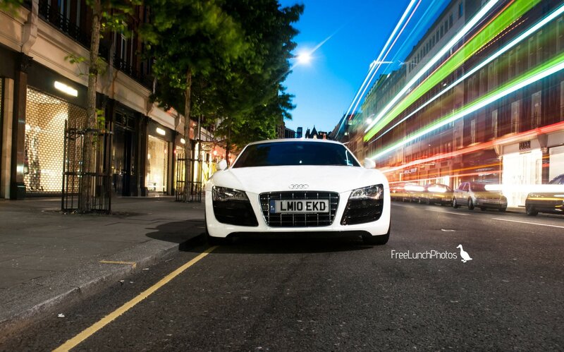 White Audi R8 on city street
