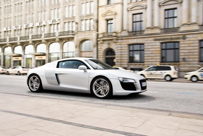 White Audi R8 on city street