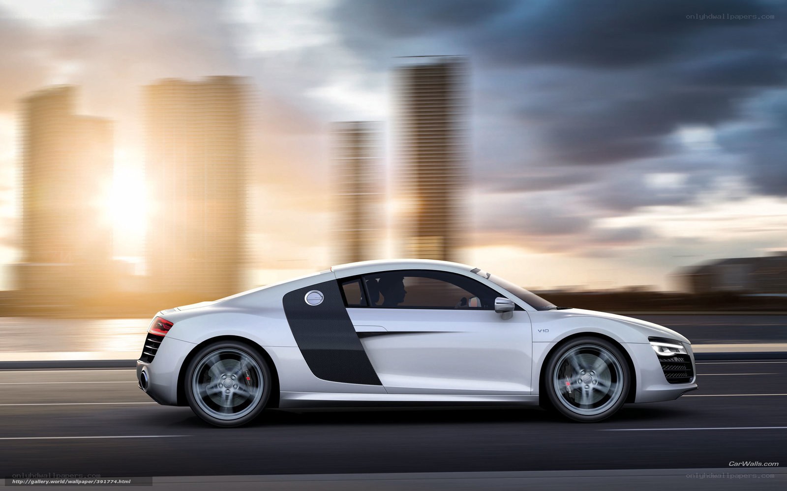 White Audi R8 speeding in city