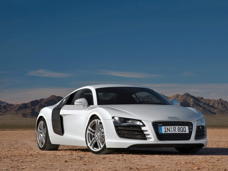 White Audi R8 Sports Car — Dramatic, Afternoon, Photograph, Mountains, Desert, Sky