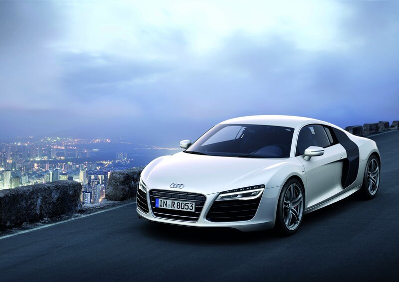 White Audi R8 Sports Car — Dramatic, Night, Photograph, Cityscape