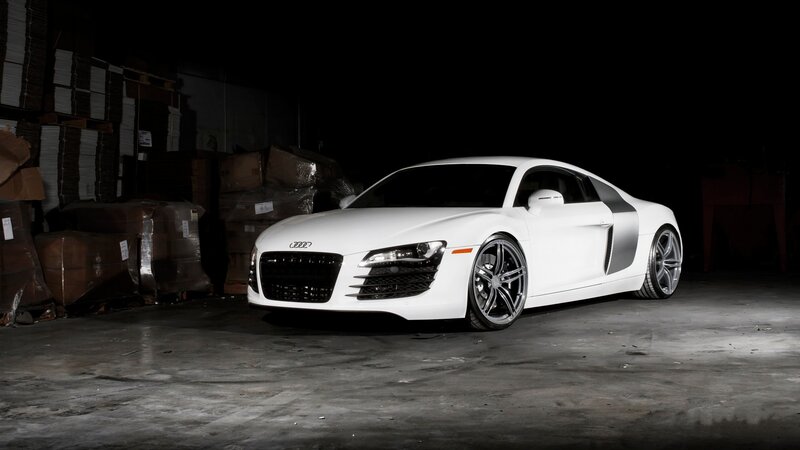 White Audi R8 Sports Car — Dramatic, Night, Photograph, Warehouse