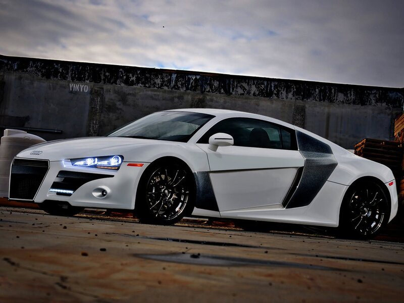 White Audi R8 Sports Car — Dramatic, Photograph, Concrete Wall