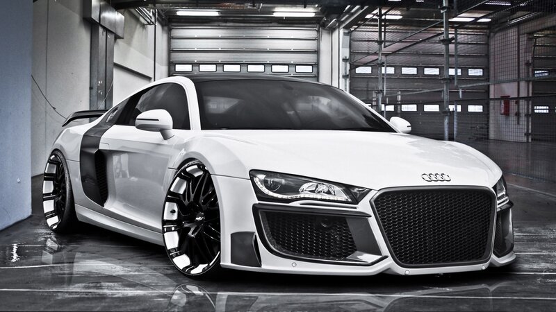 White Audi R8 Sports Car — Dramatic, Photograph, Garage, Black Wheels