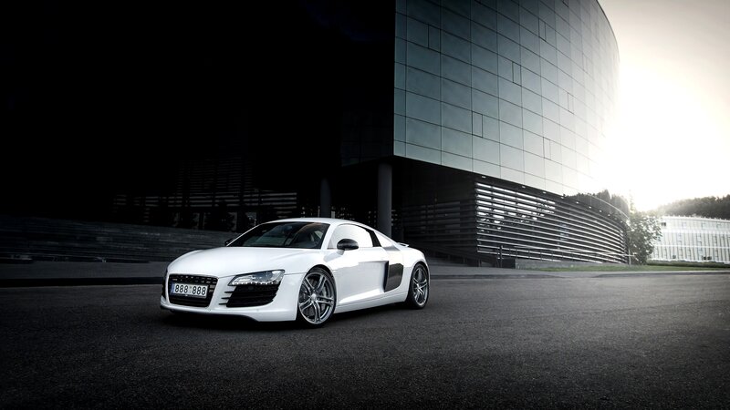 White Audi R8 Sports Car — Dramatic, Sunset, Photograph, Building