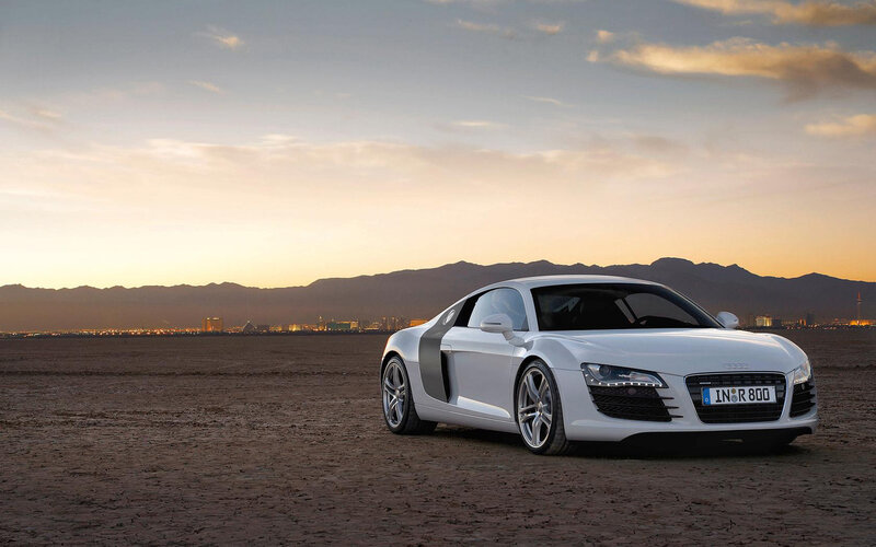 White Audi R8 Sports Car — Dramatic, Sunset, Photograph, Desert, Mountains