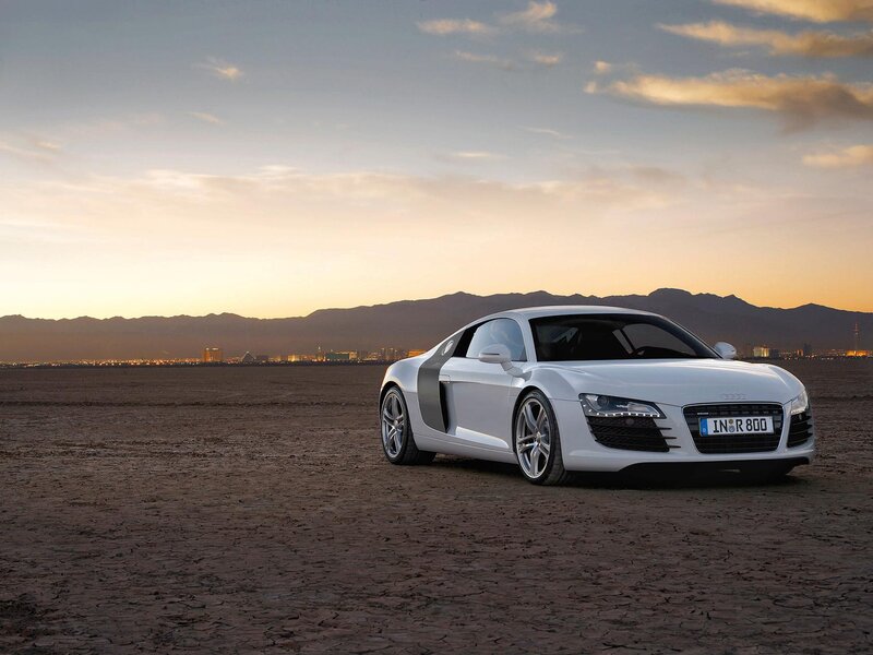 White Audi R8 Sports Car — Dramatic, Sunset, Photograph, Desert