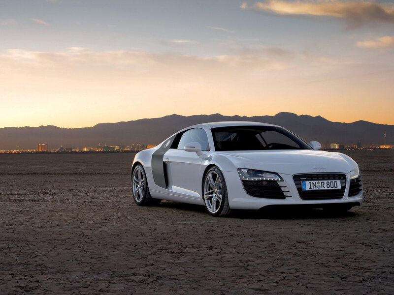 White Audi R8 Sports Car — Dramatic, Sunset, Photograph, Mountains