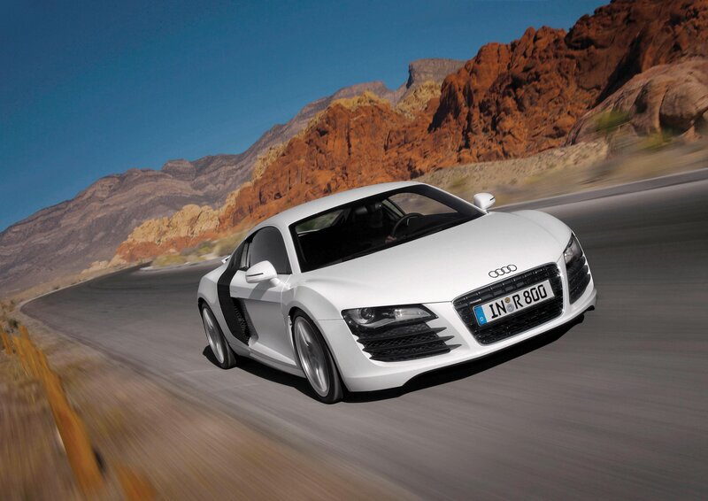 White Audi R8 Sports Car — Dynamic, Afternoon, Photograph, Desert Road