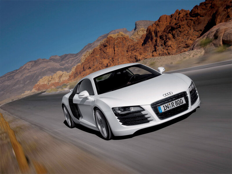 White Audi R8 Sports Car — Dynamic, Afternoon, Photograph, Road, Mountains, Blue, Brown