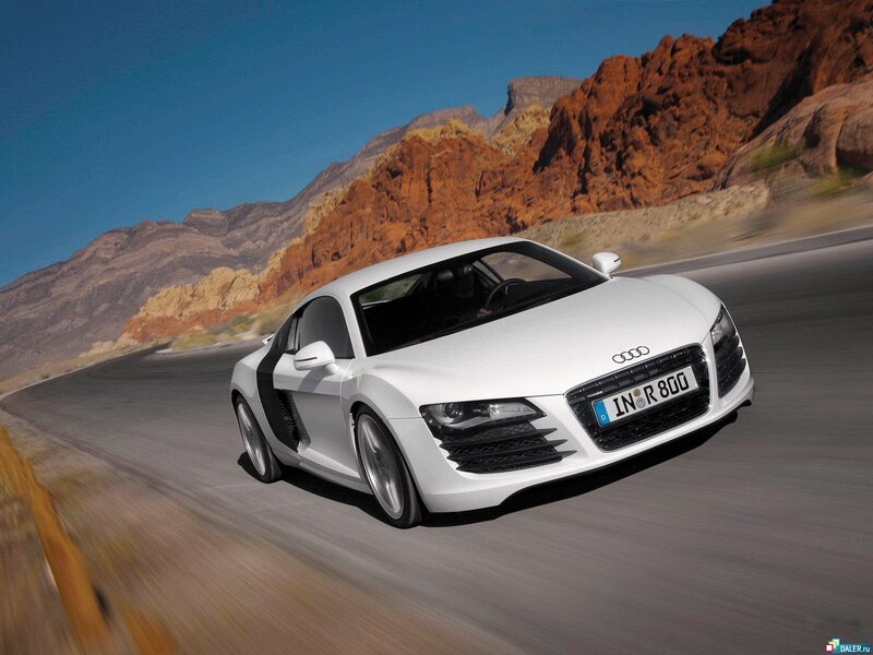 White Audi R8 Sports Car — Dynamic, Afternoon, Photograph, Road, Mountains, Sky