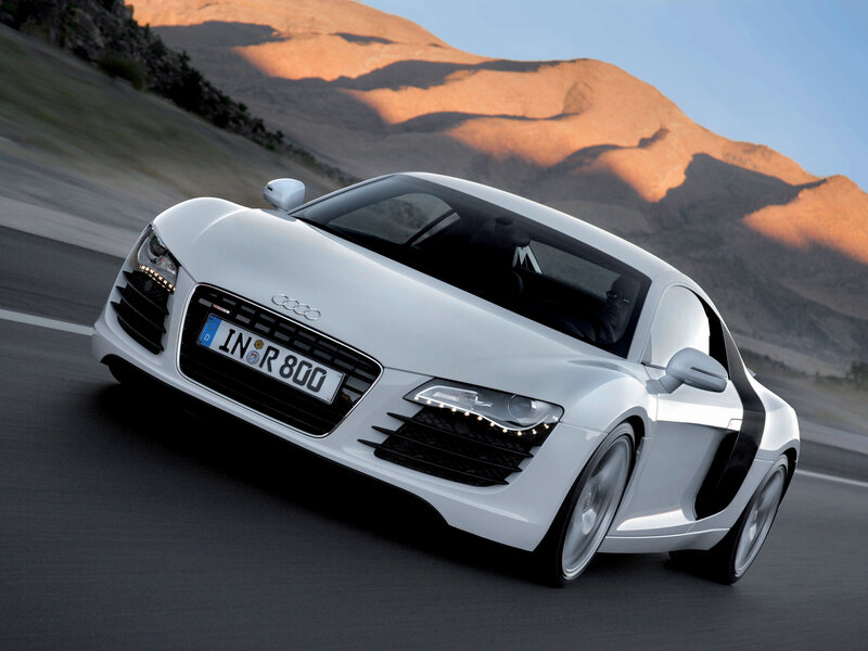 White Audi R8 Sports Car — Dynamic, Sunset, Photograph, Mountains