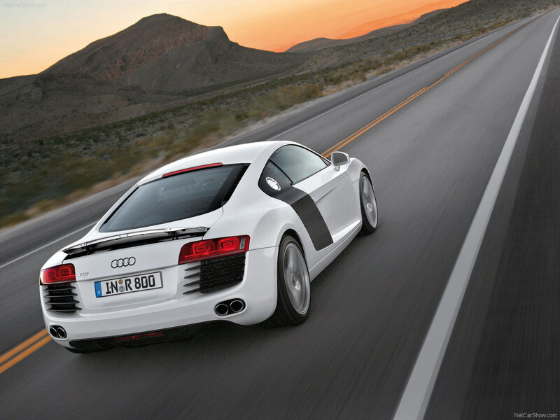 White Audi R8 Sports Car — Dynamic, Sunset, Photograph, Road