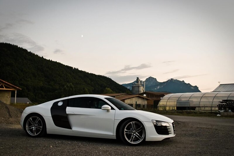 White Audi R8 Sports Car — Serene, Sunset, Photograph