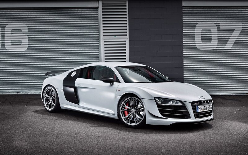 White Audi R8 Sports Car — Silver, Dramatic, Photograph, Garage Doors