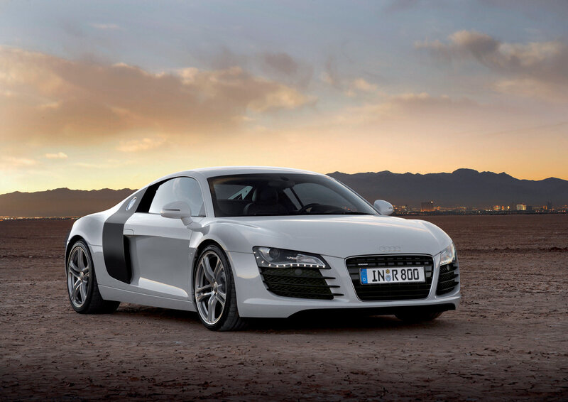 White Audi R8 Sports Car — Silver, Dramatic, Sunset, Photograph, Desert