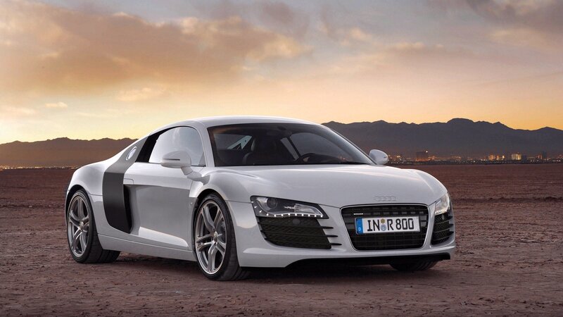 White Audi R8 Sports Car — Silver, Dramatic, Sunset