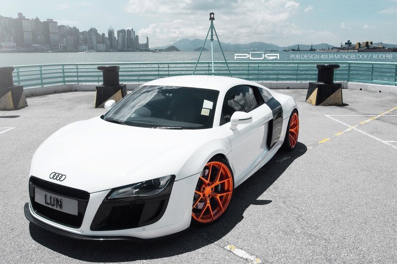 White Audi R8 with orange wheels
