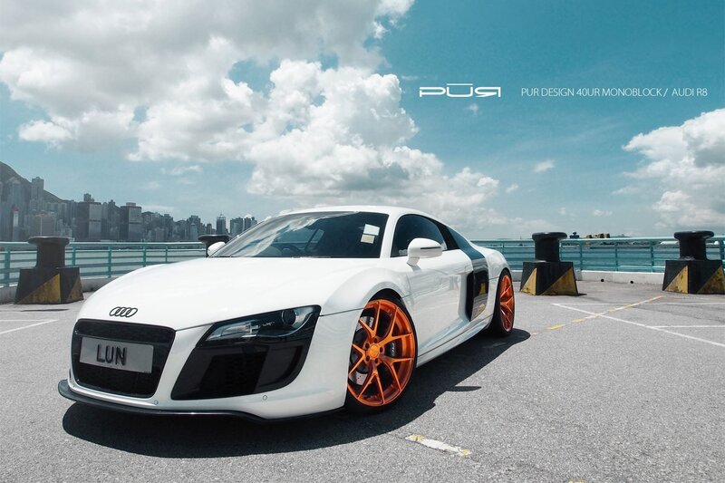 White Audi R8 with orange wheels