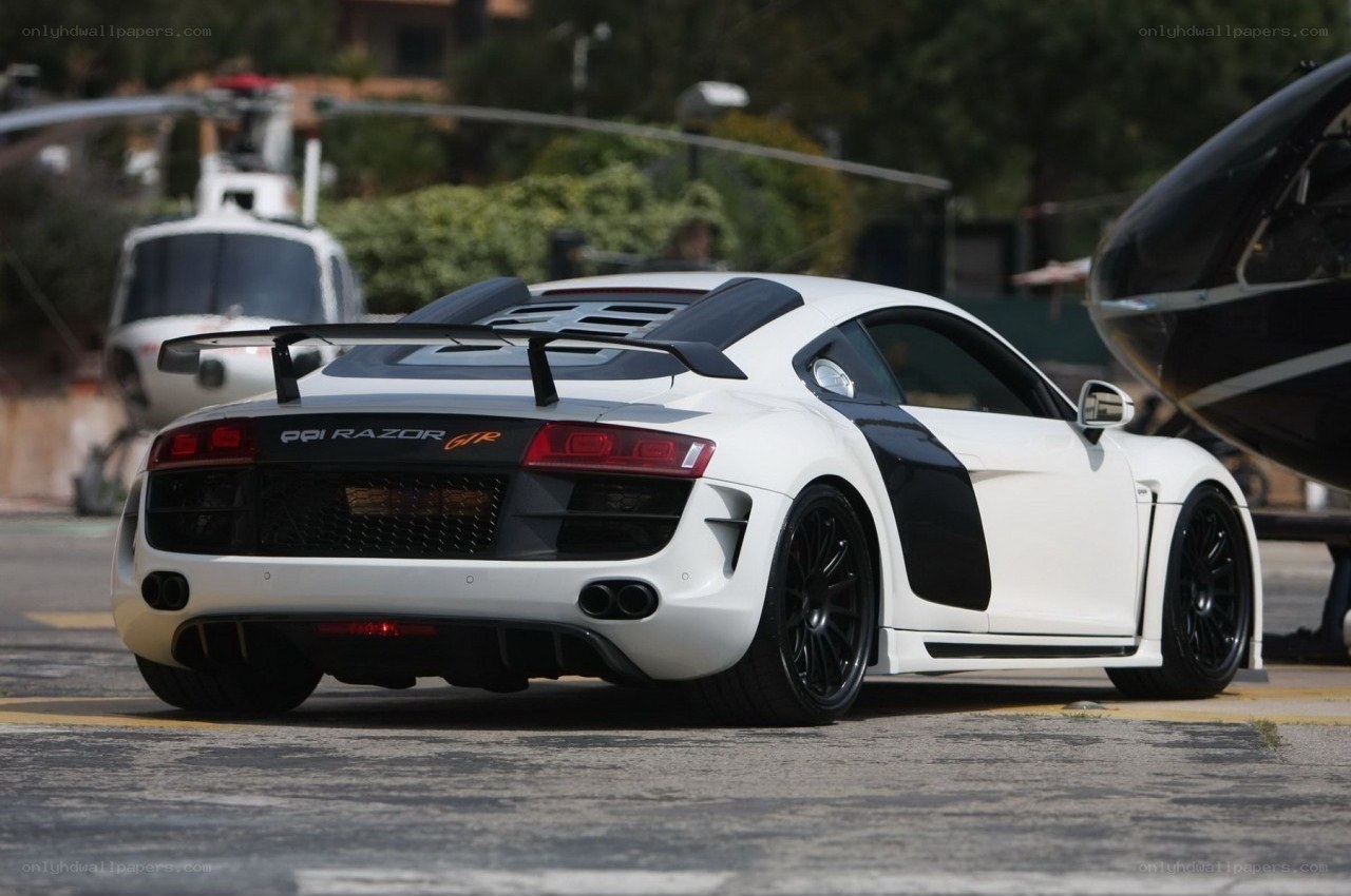 white audi r8 with rear spoiler
