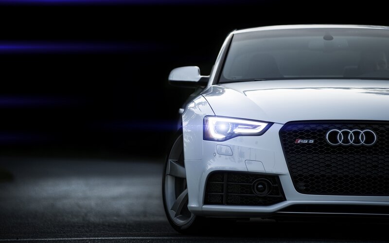 White Audi Rs5 Car — Dramatic, Night, Photograph, Headlight, Grille