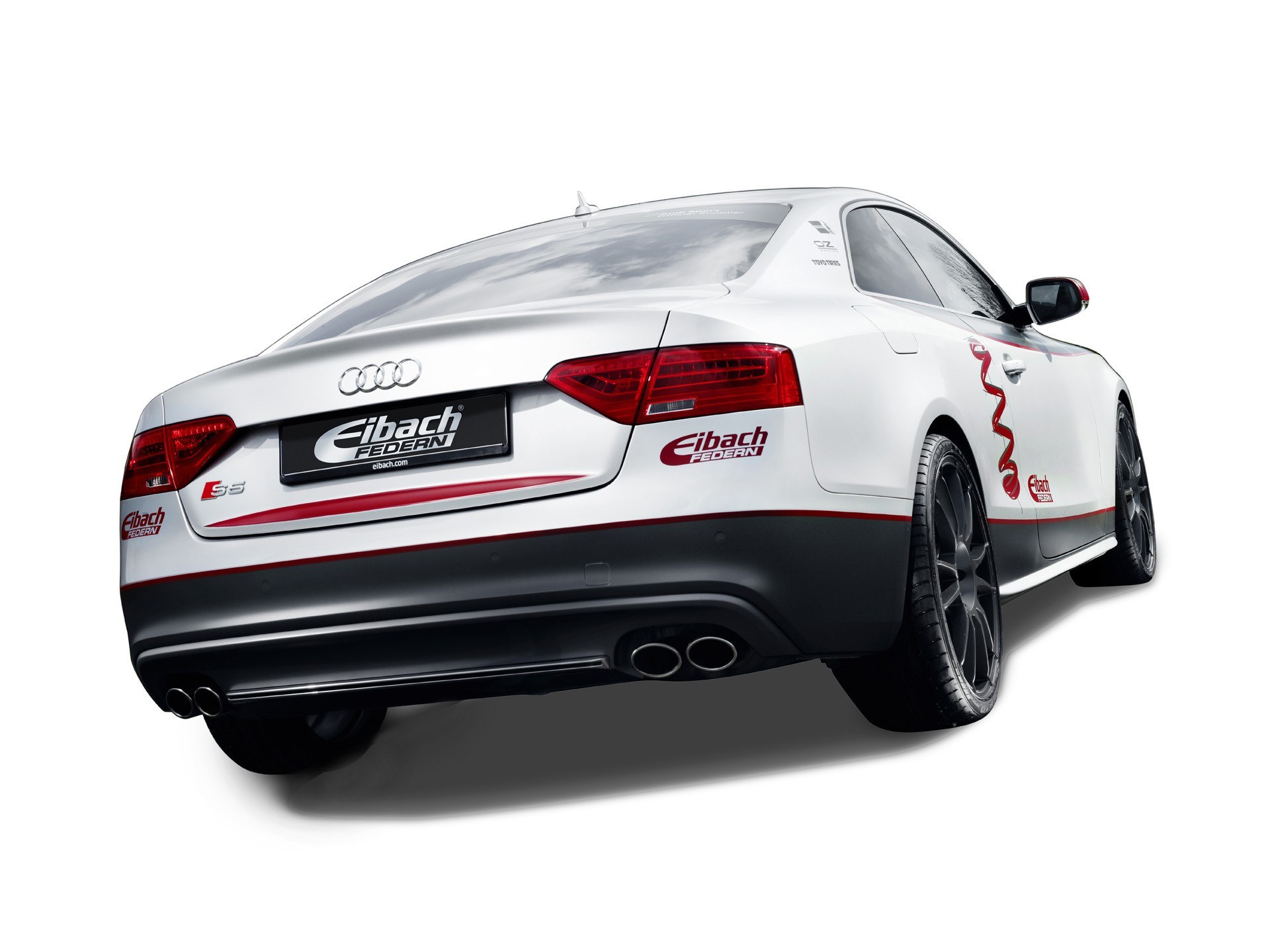 white audi s5 with eibach branding