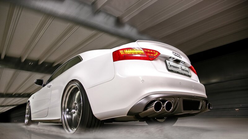 white audi with performance exhaust