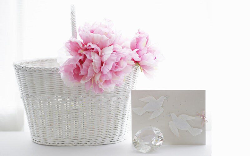 White Basket with Flowers — Serene, Photograph