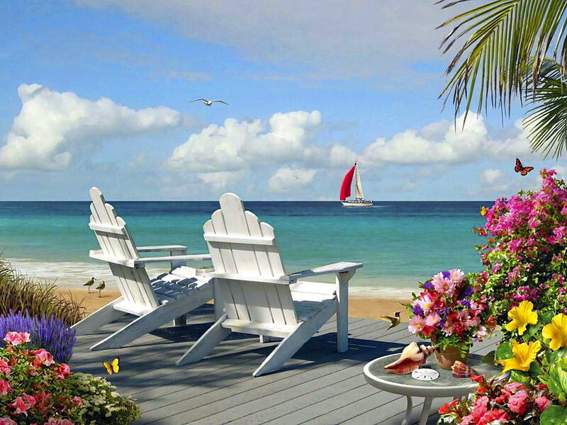 White Beach Chairs — Blue, Serene, Afternoon, Digital Art