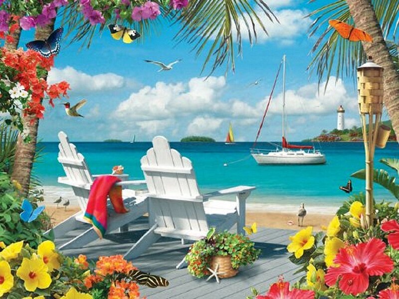 White Beach Chairs — Blue, Serene, Afternoon, Illustration