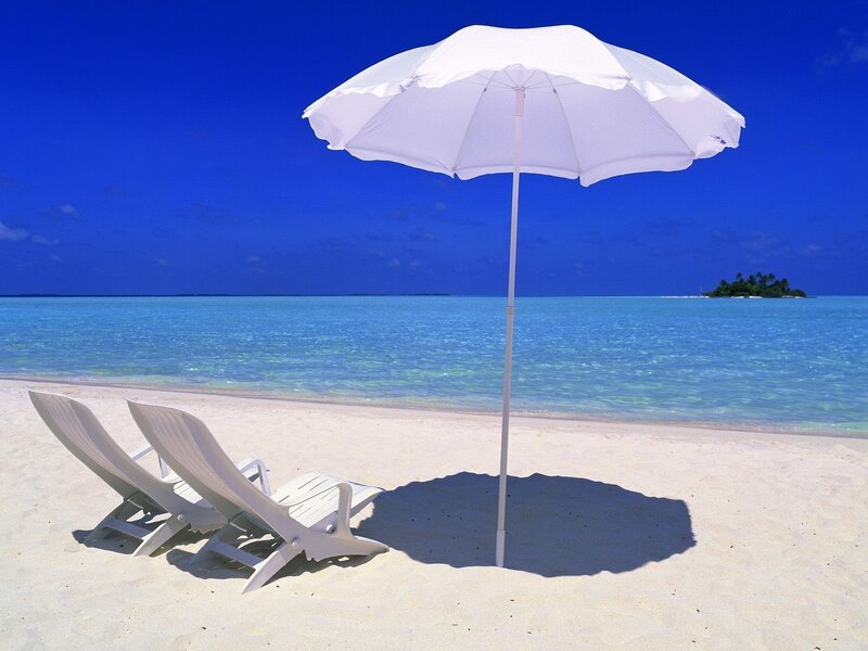 White Beach Chairs — Blue, Serene, Afternoon, Photograph