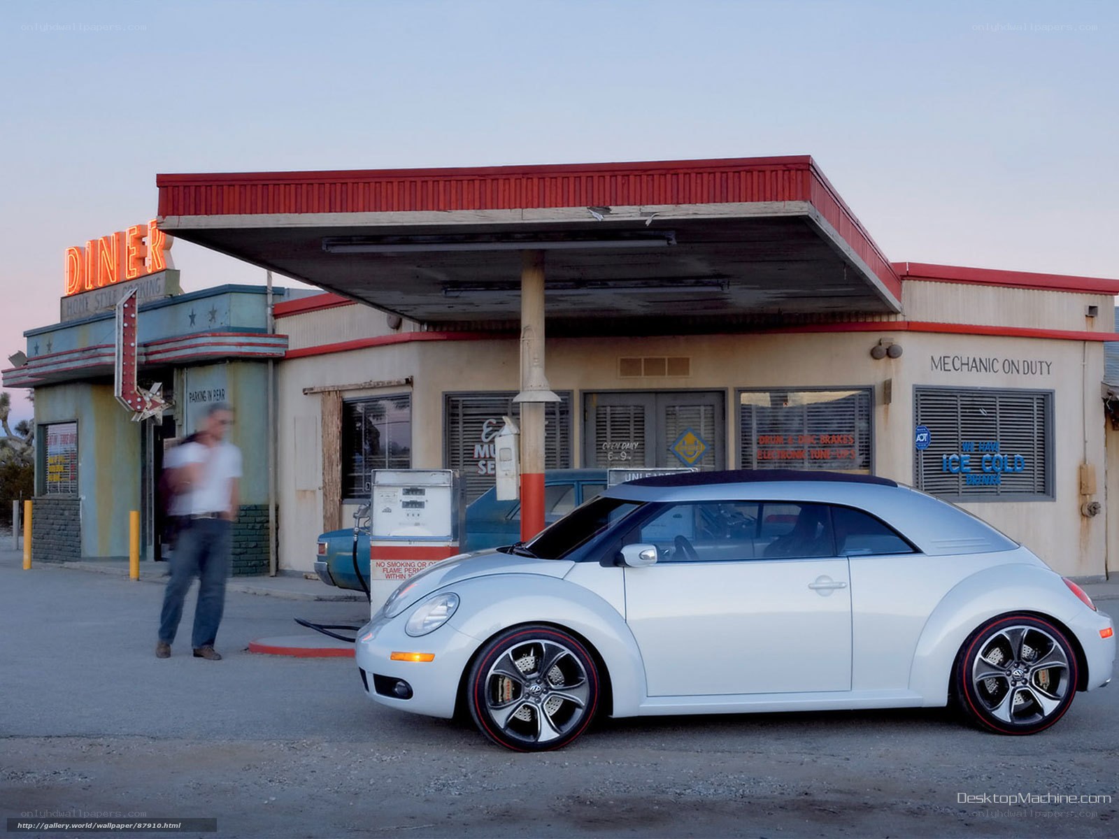 White Beetle at a Diner Gas Station