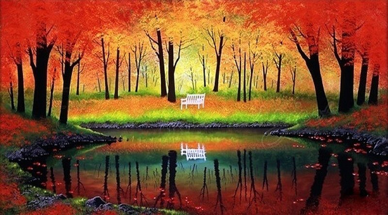 White Bench in Forest — Red