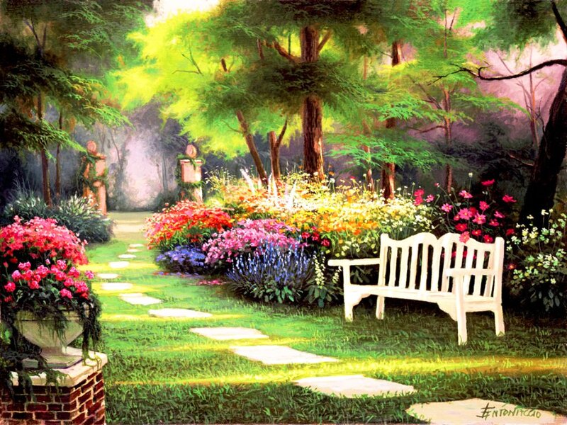 White Bench in Garden — Green, Serene, Afternoon, Painting