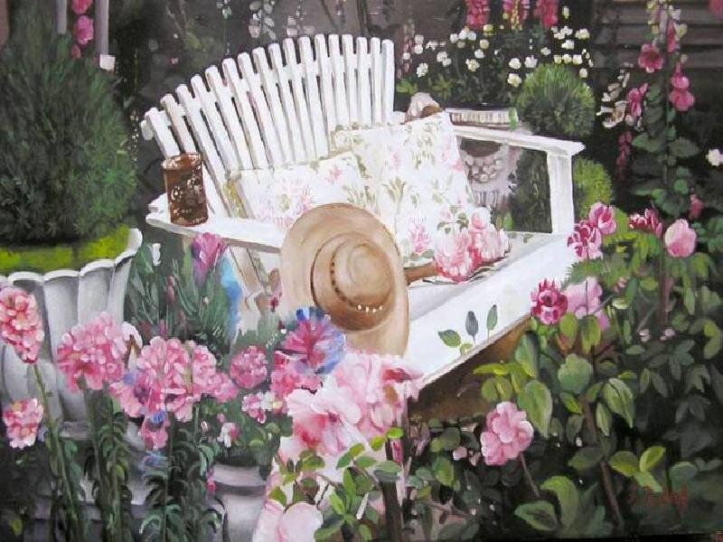 White Bench in Garden — Pink