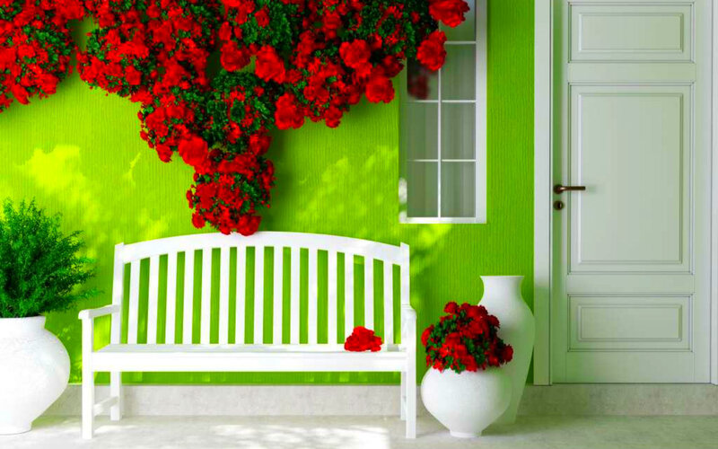 White Bench with Flowers — Green