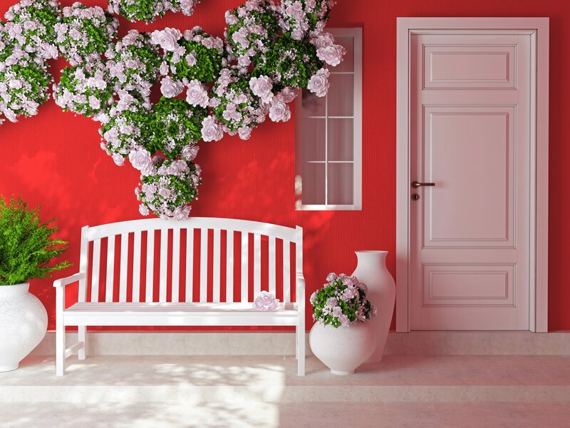 White Bench with Flowers — Red, Serene
