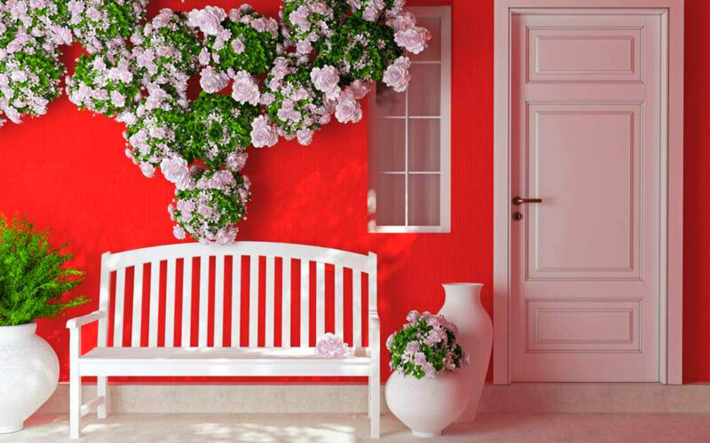 White Bench with Flowers — Red