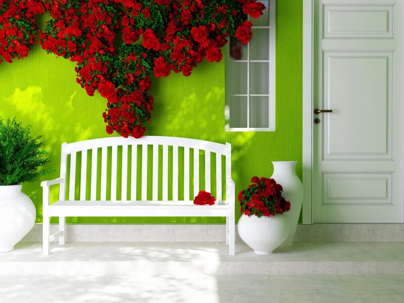 White Bench with Red Flowers — Green