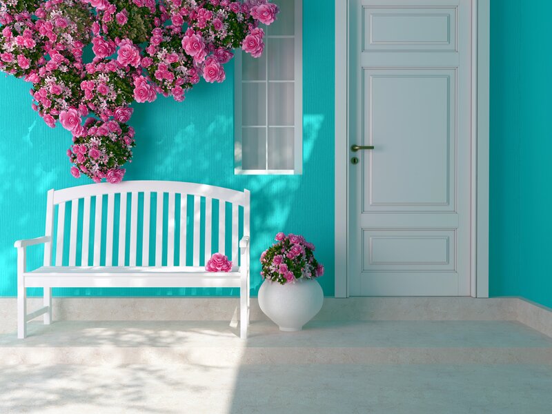 White Bench with Roses — Turquoise