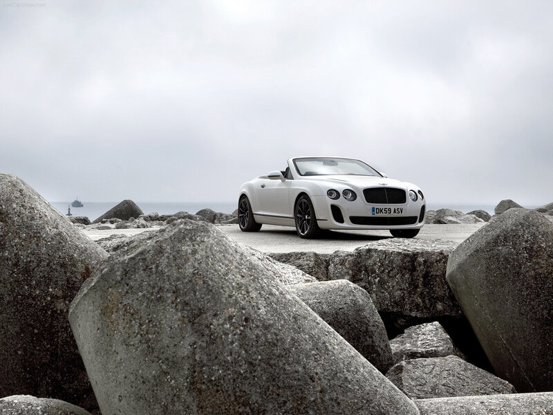 White Bentley convertible on rocks