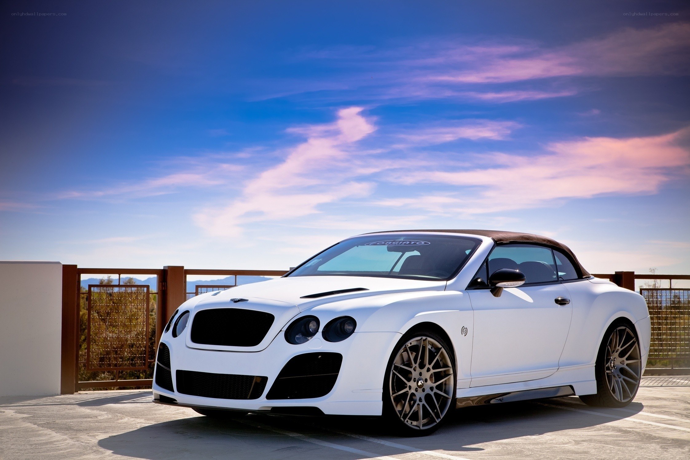 White Bentley convertible on rooftop