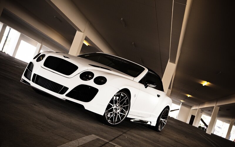 White Bentley in parking garage